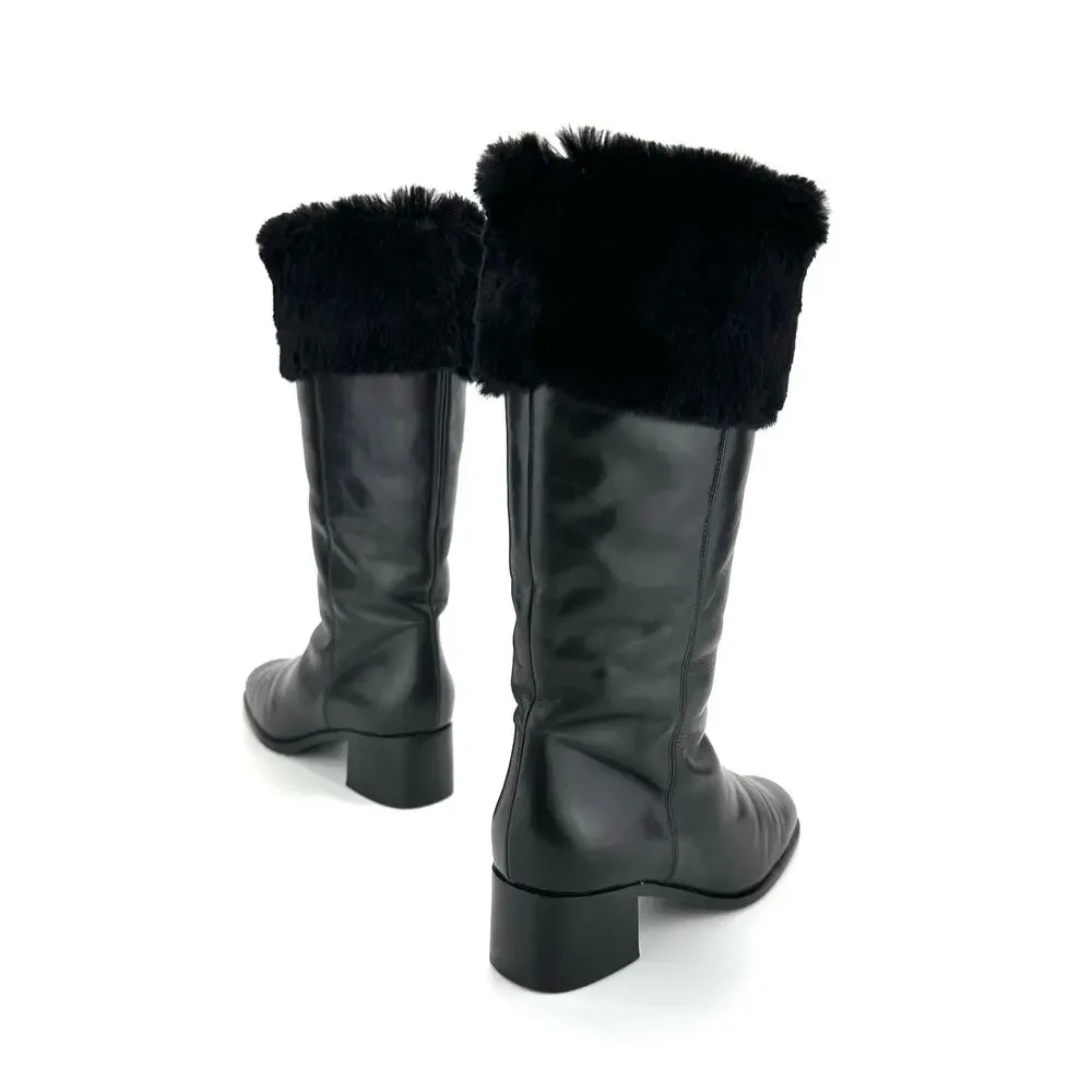 Bally Women Black Winter Knee High Boot Sz 36/5.5 Leather Foldable FurTrim Lined